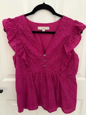 LOFT Bright Fuchsia Eyelet V-Neck Flutter Sleeve Top